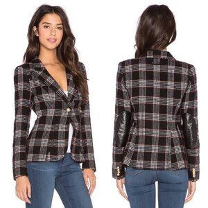 Smythe Elbow Patch Duchess Blazer in Houndstooth Black Plaid & Black Leather